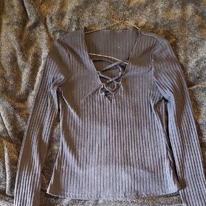 SHEIN Dark Gray Ribbed Lace-Up Blouse